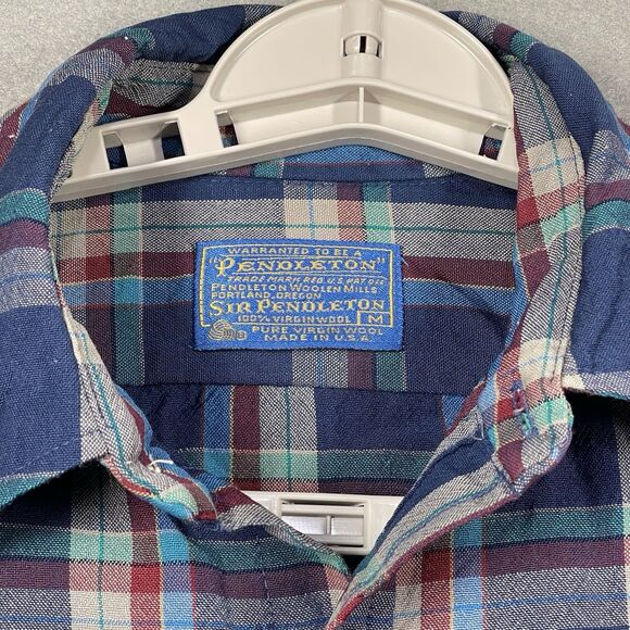 VTG Pendleton Shirt Mens Medium Blue Multicolored Check Virgin Wool Made in USA - Picture 2 of 6